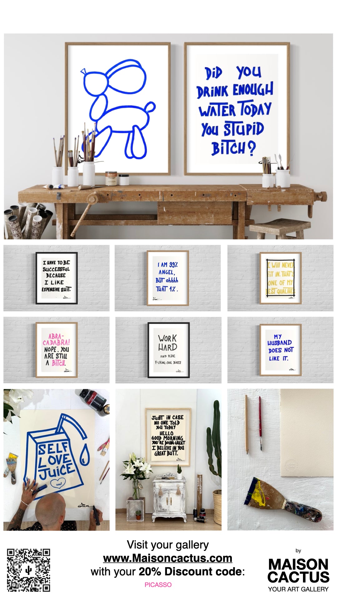 Maison Cactus "Self Love Juice" Print in Blue Frame Wall Art