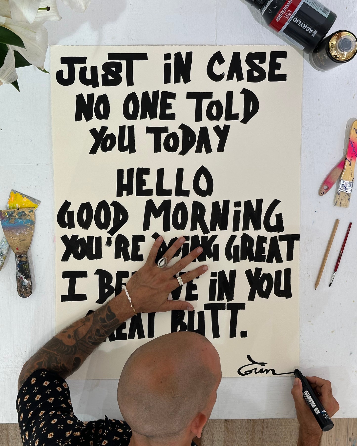 JUST IN CASE NO ONE TOLD YOU TODAY HELLO GOOD MORNING YOU'RE DOING GREAT I BELIEVE IN YOU GREAT BUTT | Black Wood Frame - Motivational Quote