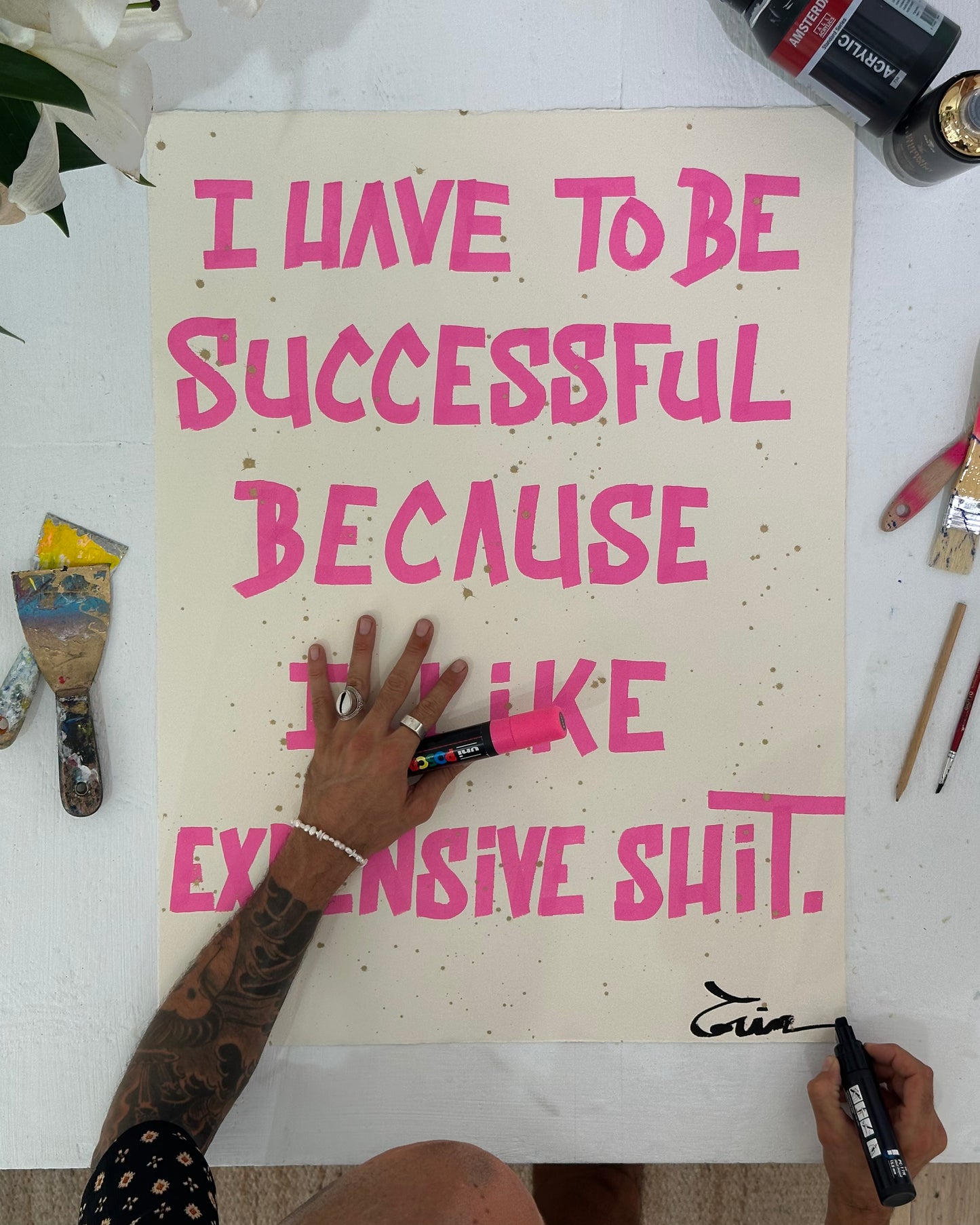 I HAVE TO BE SUCCESSFUL BECAUSE I LIKE EXPENSIVE SHIT | Maison Cactus PRINT - Pink Wood Frame - Bold Quote